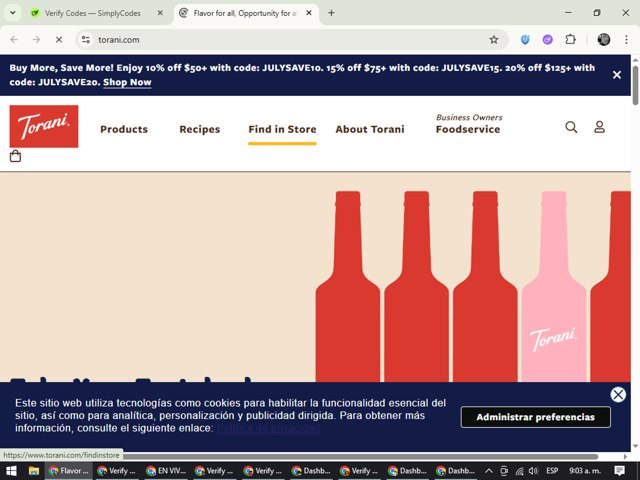 Torani checkout page showing Torani promo code box | Screenshot taken by SimplyCodes community member on Jul 10, 2025
