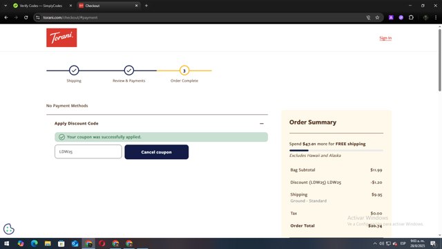 Torani checkout page showing Torani promo code box | Screenshot taken by SimplyCodes community member on Aug 28, 2025