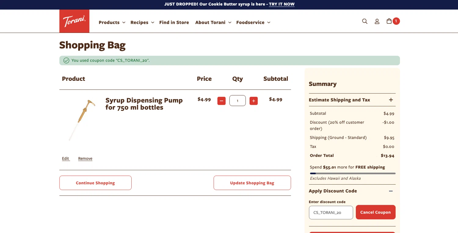 Torani promo code screenshot showing code CS_TORANI_20 applied at Torani checkout page. Uploaded by SimplyCodes community member ELOIN777 on Jun 4, 2026