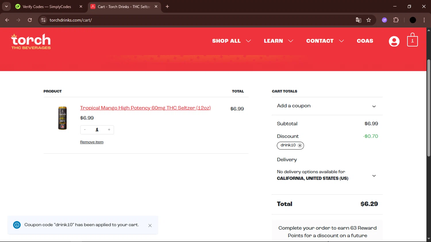Torch Drinks promo code screenshot showing code drink10 applied at Torch Drinks checkout page. Uploaded by SimplyCodes community member FrugalTiger5589 on Aug 11, 2025