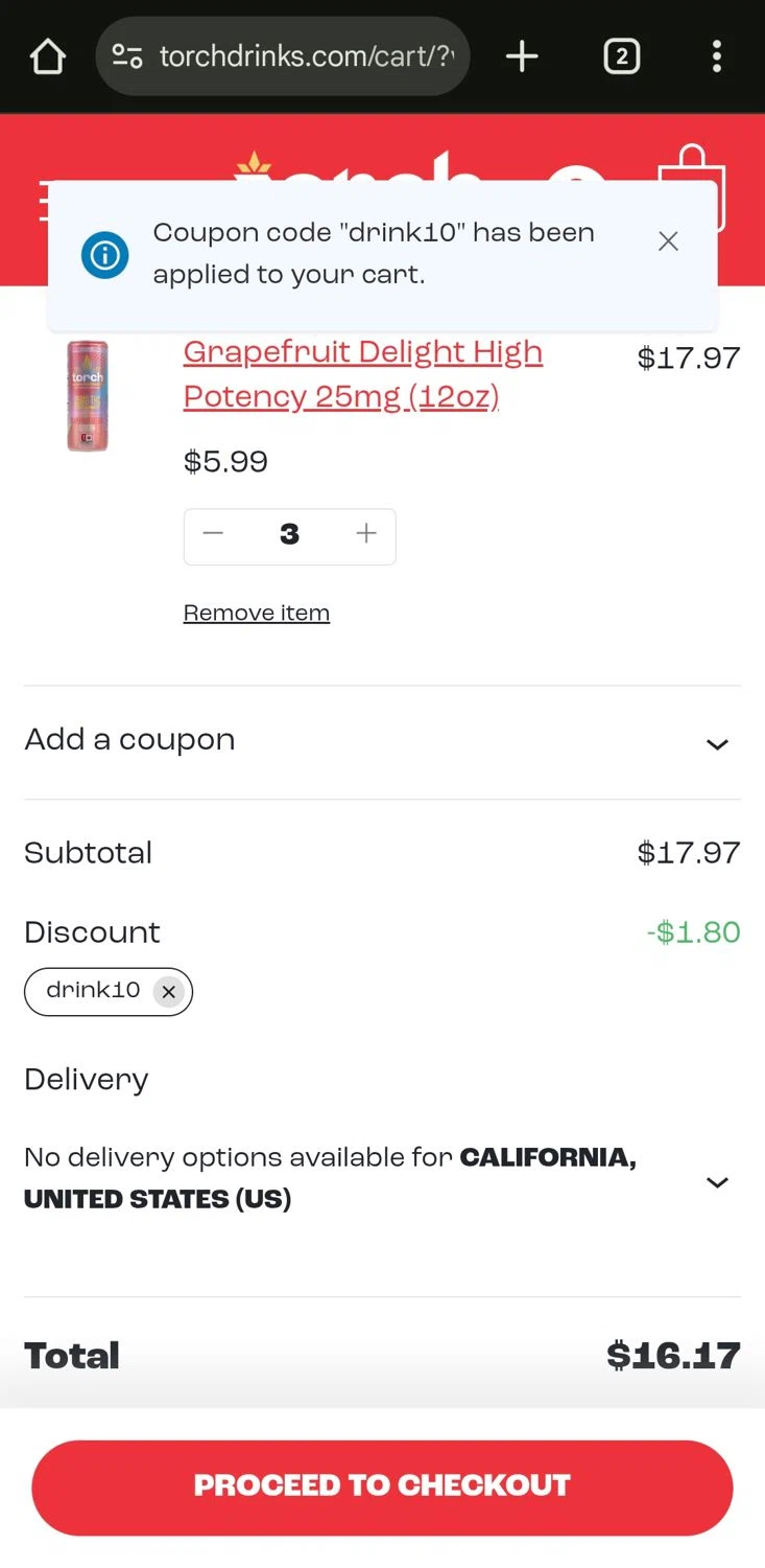 Torch Drinks promo code screenshot showing code drink10 applied at Torch Drinks checkout page. Uploaded by SimplyCodes community member gerardlaya on Jun 18, 2025