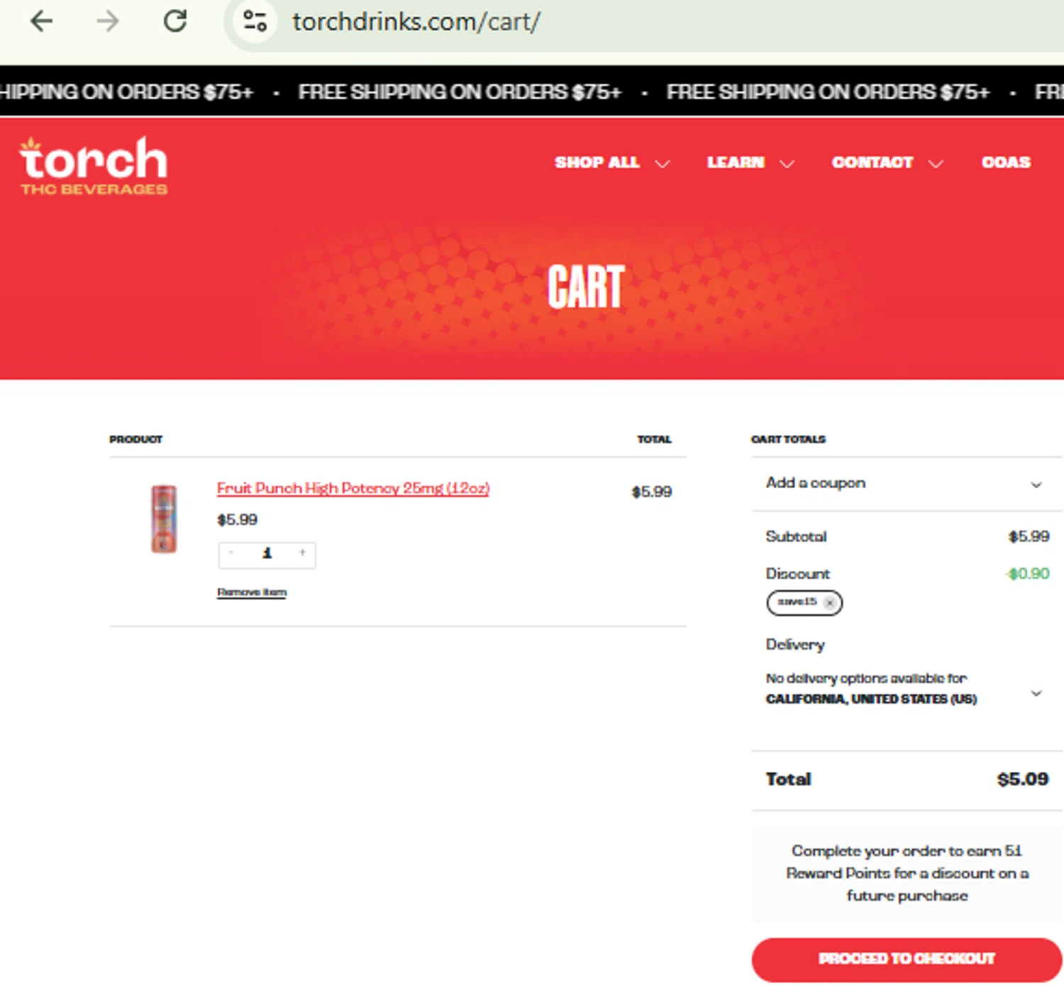 Torch Drinks promo code screenshot showing code save15 applied at Torch Drinks checkout page. Uploaded by SimplyCodes community member CashMaestro9337 on Jul 17, 2025