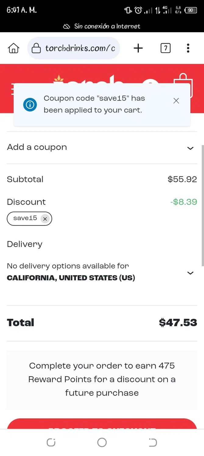 Torch Drinks promo code screenshot showing code save15 applied at Torch Drinks checkout page. Uploaded by SimplyCodes community member Jhoan06 on Jun 18, 2025