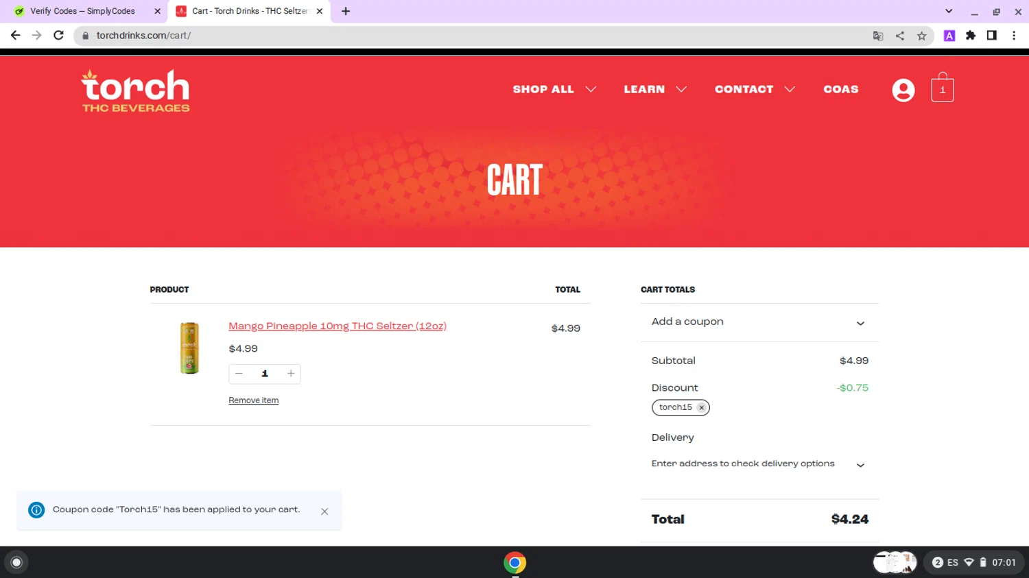 Torch Drinks promo code screenshot showing code Torch15 applied at Torch Drinks checkout page. Uploaded by SimplyCodes community member lapampita on Apr 20, 2025