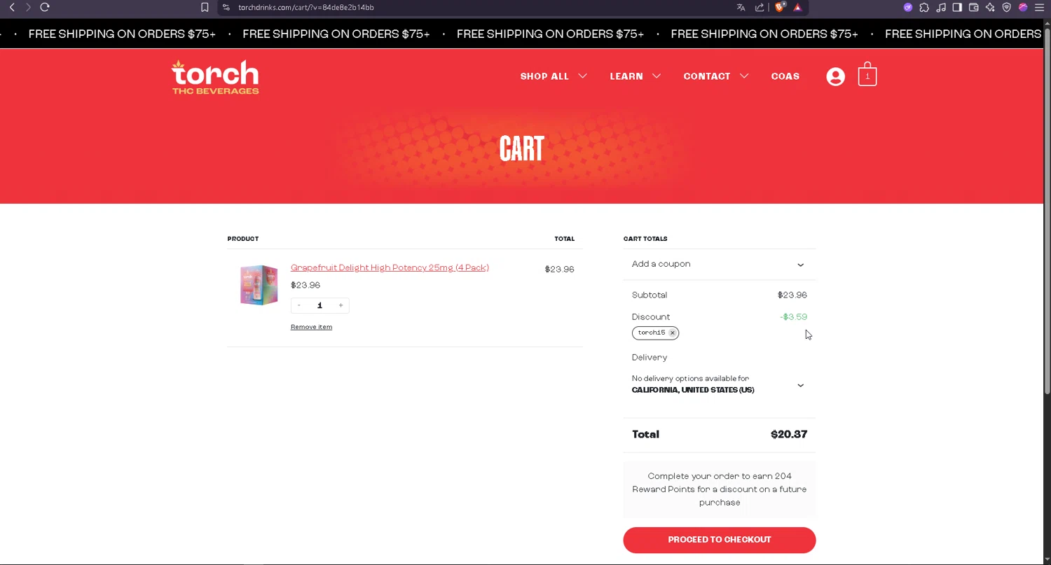 Torch Drinks promo code screenshot showing code Torch15 applied at Torch Drinks checkout page. Uploaded by SimplyCodes community member leonj9624 on Jun 18, 2025