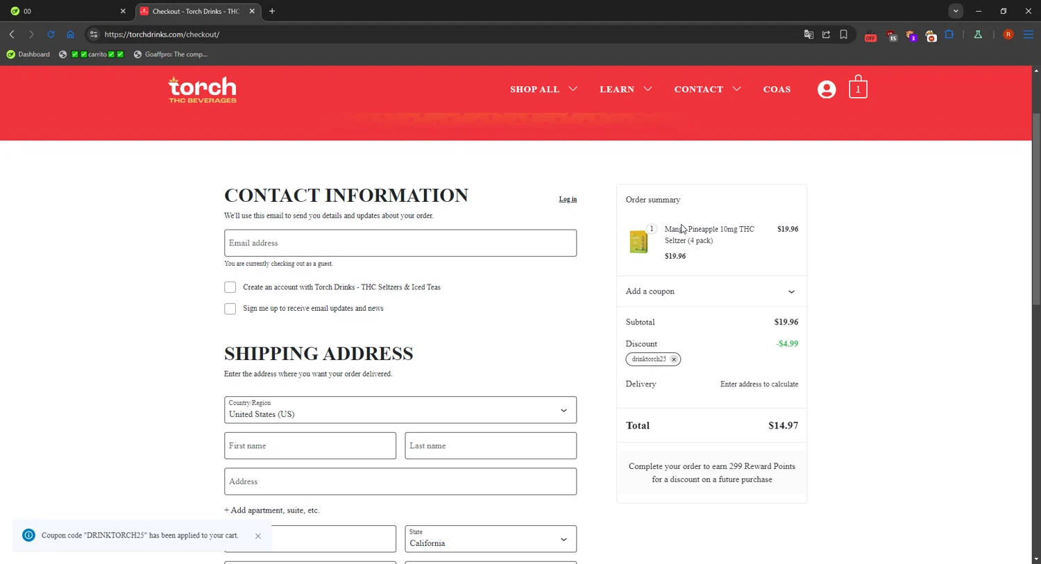 Torch Drinks checkout page showing Torch Drinks promo code box | Screenshot taken by SimplyCodes community member on Nov 13, 2025