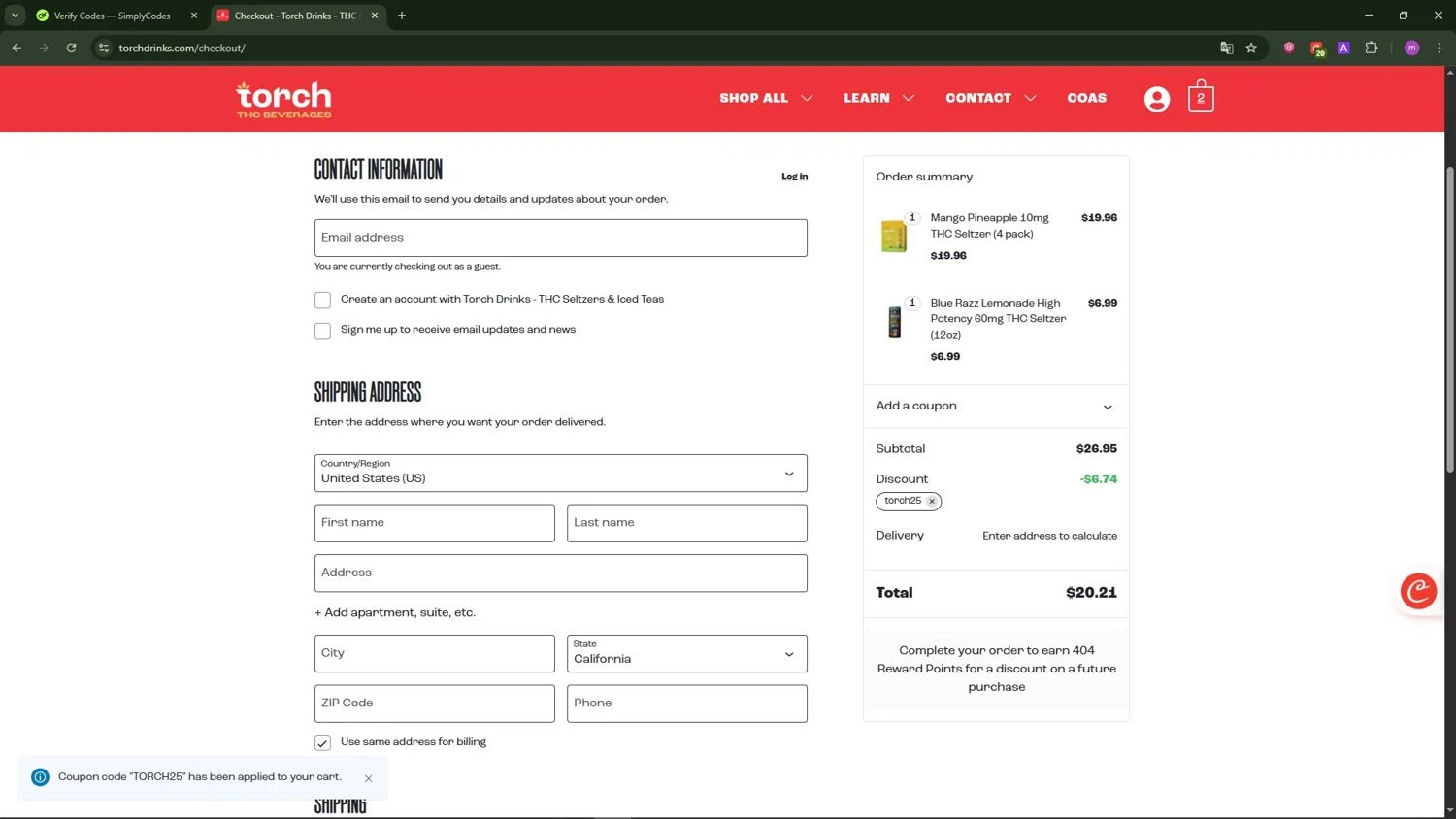 Torch Drinks promo code screenshot showing code TORCH25 applied at Torch Drinks checkout page. Uploaded by SimplyCodes community member TokenChaser4876 on Nov 3, 2025