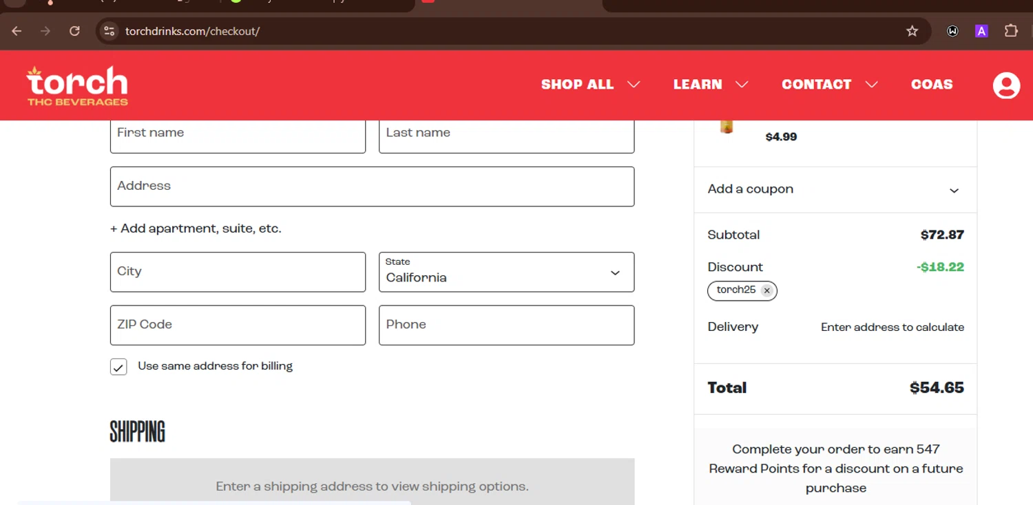 Torch Drinks promo code screenshot showing code TORCH25 applied at Torch Drinks checkout page. Uploaded by SimplyCodes community member WonderWarden594 on Oct 26, 2025