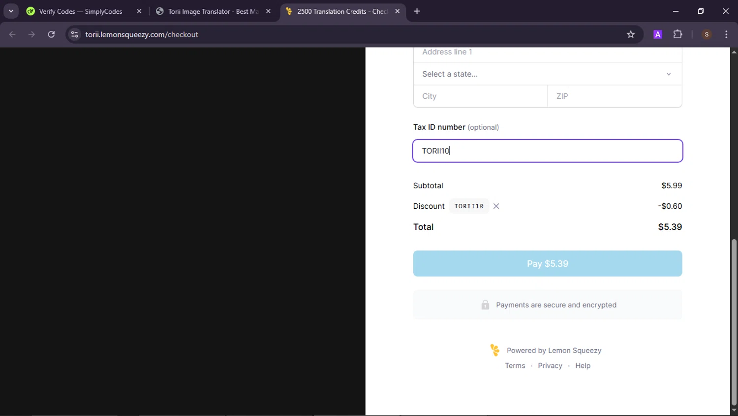 Torii Image Translator promo code screenshot showing code TORII10 applied at Torii Image Translator checkout page. Uploaded by SimplyCodes community member CoinCollector8010 on Jun 30, 2025