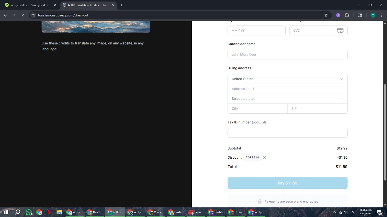 Torii Image Translator promo code screenshot showing code TORII10 applied at Torii Image Translator checkout page. Uploaded by SimplyCodes community member FrugalCaptain6906 on Jun 1, 2025
