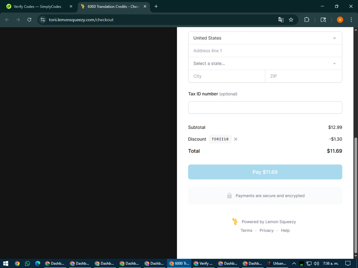 Torii Image Translator promo code screenshot showing code TORII10 applied at Torii Image Translator checkout page. Uploaded by SimplyCodes community member MoneyPhoenix4664 on Jul 29, 2025