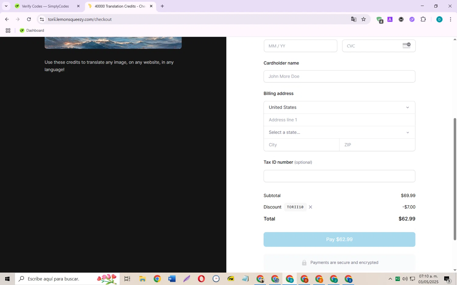 Torii Image Translator checkout page showing Torii Image Translator promo code box | Screenshot taken by SimplyCodes community member on May 3, 2025