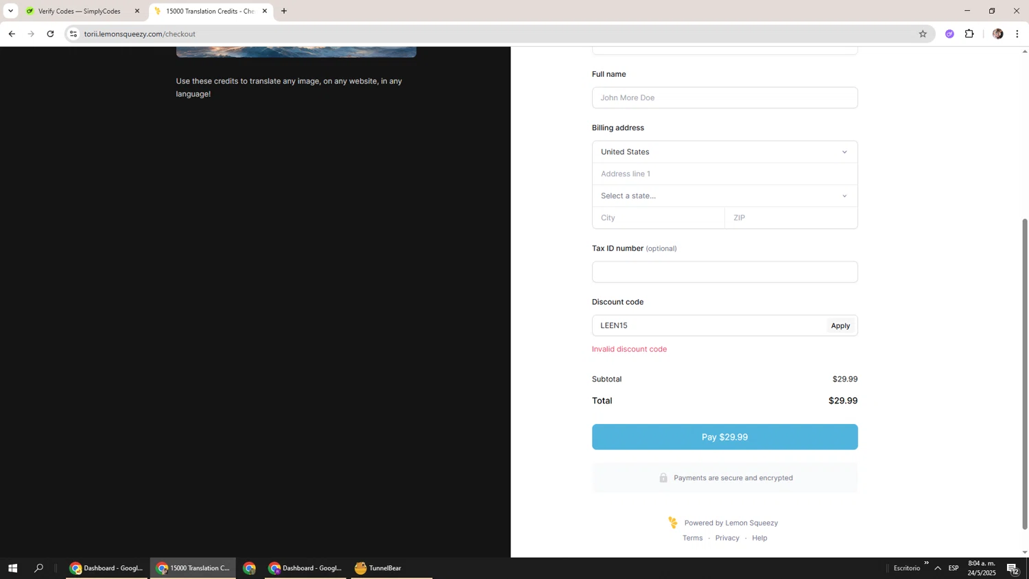 Torii Image Translator promo code screenshot showing code LEEN15 applied at Torii Image Translator checkout page. Uploaded by SimplyCodes community member Levi_Ackerman on May 24, 2025