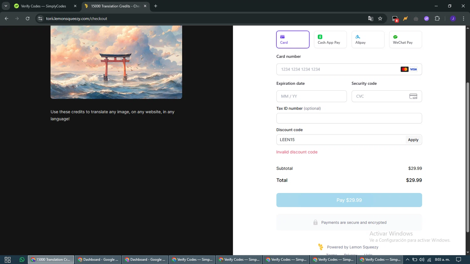 Torii Image Translator promo code screenshot showing code LEEN15 applied at Torii Image Translator checkout page. Uploaded by SimplyCodes community member WiseMaven9968 on May 24, 2025