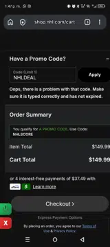 Toronto Maple Leafs Shop coupon verification screenshot