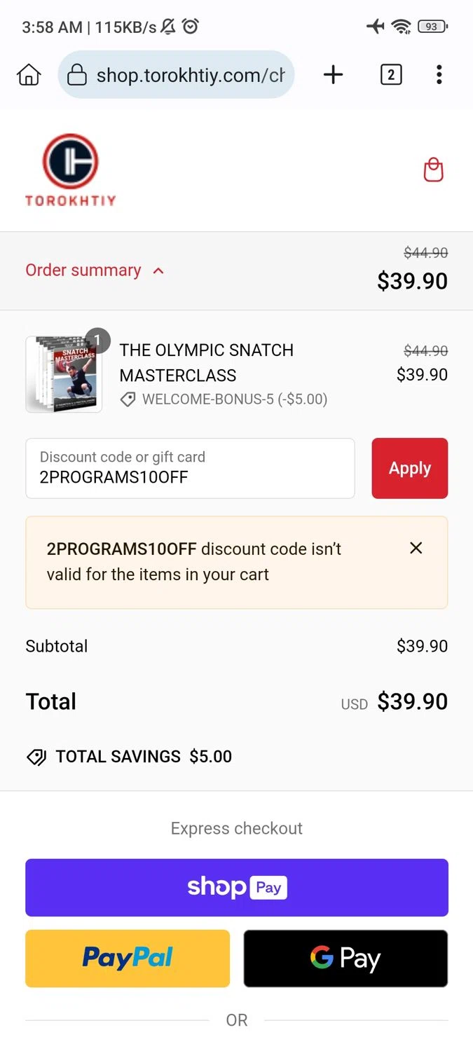Torokhtiy Weightlifting promo code screenshot showing code 2PROGRAMS10OFF applied at Torokhtiy Weightlifting checkout page. Uploaded by SimplyCodes community member _____________ on Jan 30, 2025