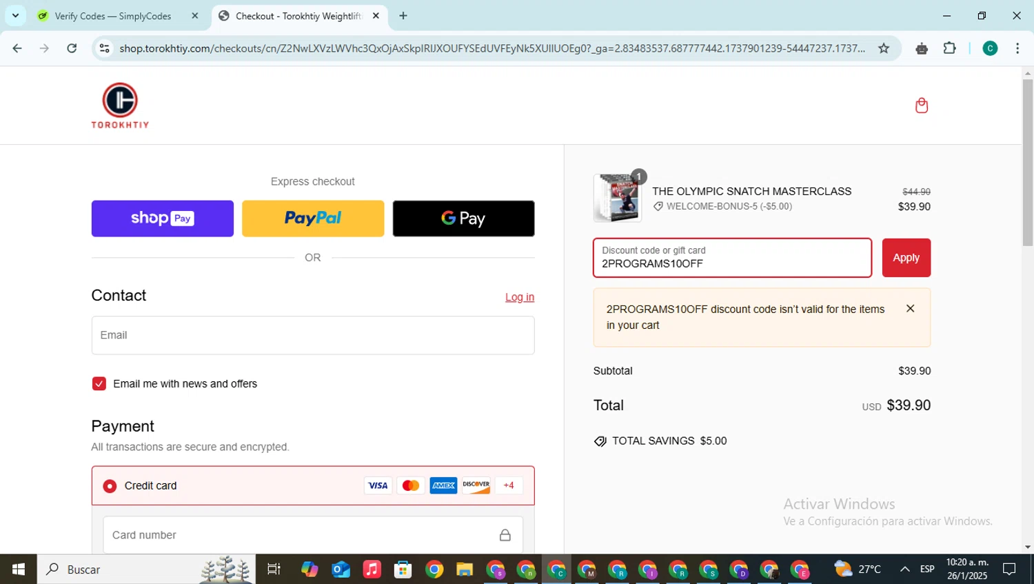 Torokhtiy Weightlifting promo code screenshot showing code 2PROGRAMS10OFF applied at Torokhtiy Weightlifting checkout page. Uploaded by SimplyCodes community member BonusPilot927 on Jan 26, 2025