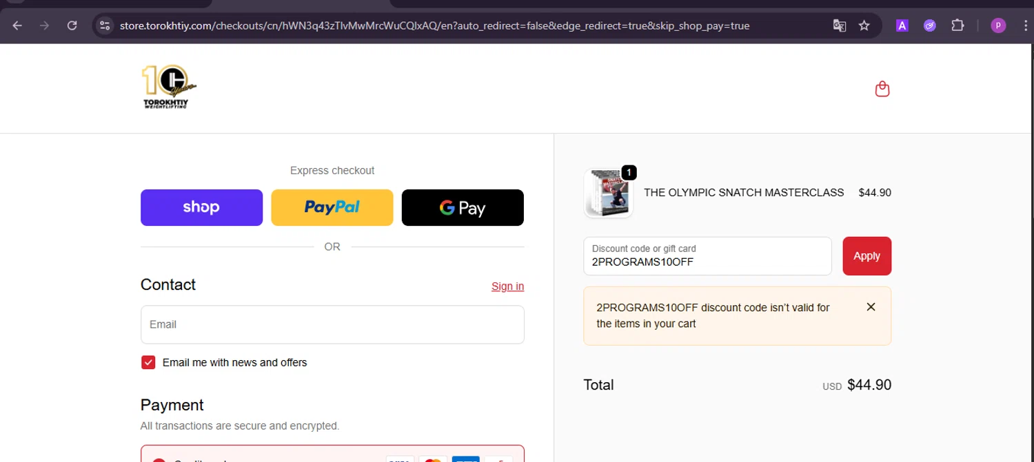Torokhtiy Weightlifting promo code screenshot showing code 2PROGRAMS10OFF applied at Torokhtiy Weightlifting checkout page. Uploaded by SimplyCodes community member firoas on Oct 7, 2025