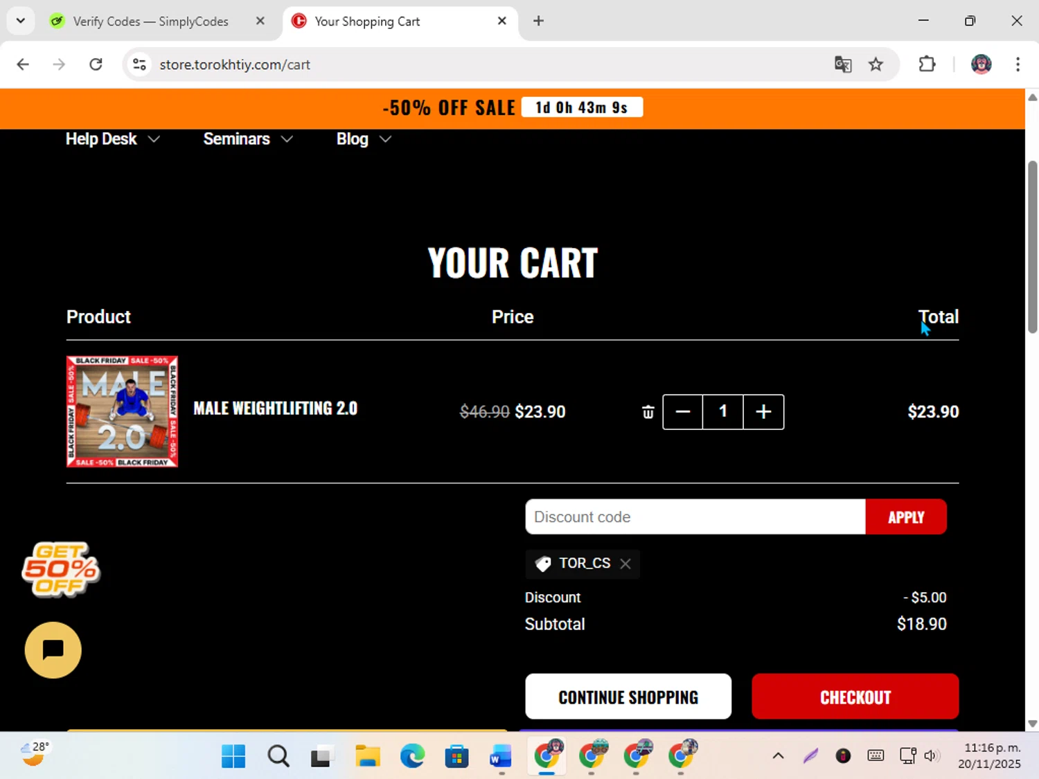 Torokhtiy Weightlifting promo code screenshot showing code TOR_CS applied at Torokhtiy Weightlifting checkout page. Uploaded by SimplyCodes community member karoline on Nov 21, 2025