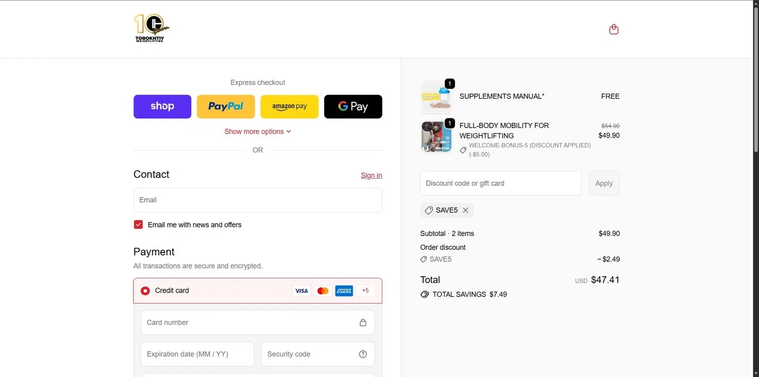 Torokhtiy Weightlifting promo code screenshot showing code SAVE5 applied at Torokhtiy Weightlifting checkout page. Uploaded by SimplyCodes community member Depressive on Oct 3, 2025