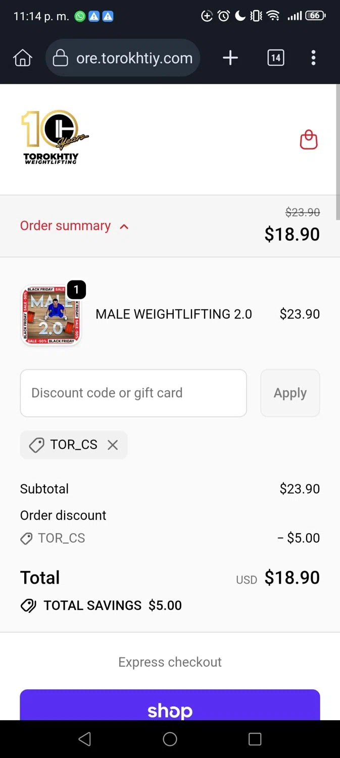 Torokhtiy Weightlifting promo code screenshot showing code TOR_CS applied at Torokhtiy Weightlifting checkout page. Uploaded by SimplyCodes community member Georg3 on Nov 21, 2025