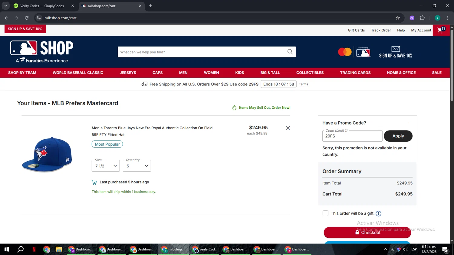 Toronto Blue Jays checkout page showing Toronto Blue Jays promo code box | Screenshot taken by SimplyCodes community member on Feb 12, 2026
