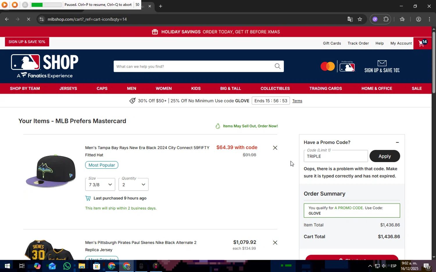 Toronto Blue Jays promo code screenshot showing code TRIPLE applied at Toronto Blue Jays checkout page. Uploaded by SimplyCodes community member Freeman on Dec 16, 2025