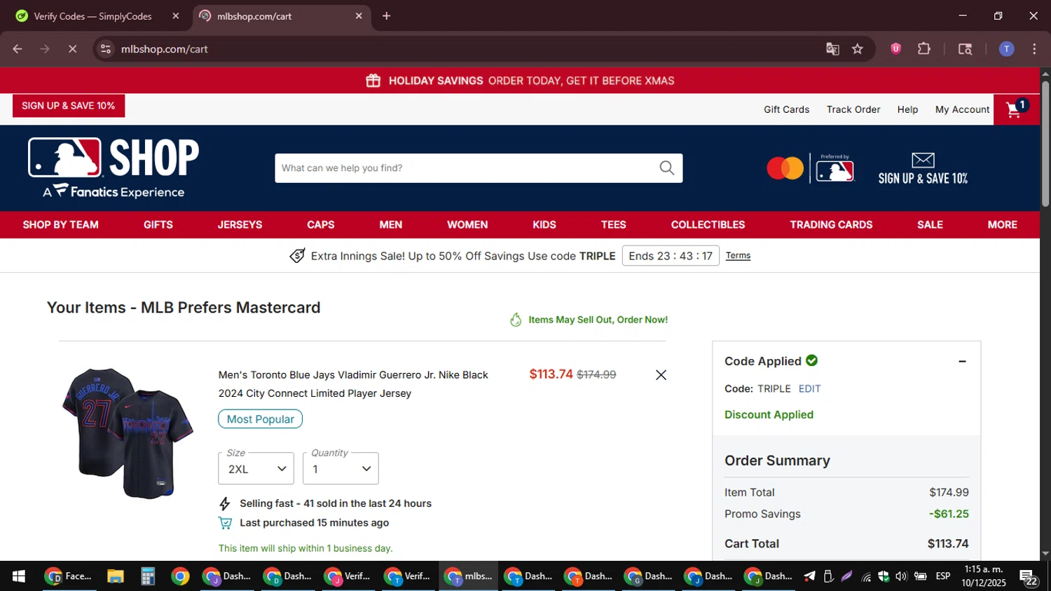 Toronto Blue Jays promo code screenshot showing code TRIPLE applied at Toronto Blue Jays checkout page. Uploaded by SimplyCodes community member snidertom8 on Dec 10, 2025