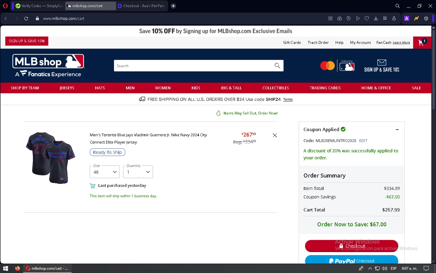Toronto Blue Jays promo code screenshot showing code MLB20EMLINTRO2020 applied at Toronto Blue Jays checkout page. Uploaded by SimplyCodes community member mixelis on Mar 13, 2025