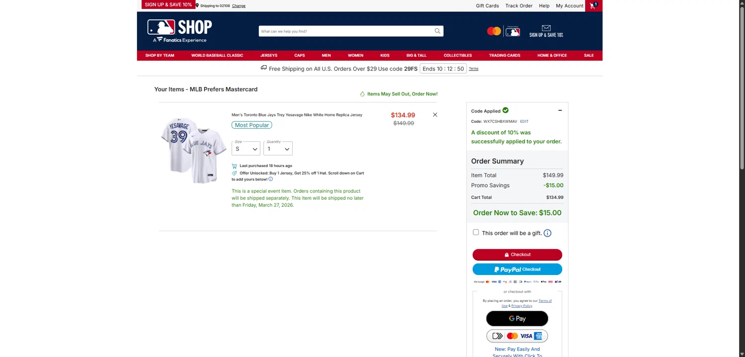 Toronto Blue Jays promo code screenshot showing code WX7CSHBXWMAV applied at Toronto Blue Jays checkout page. Uploaded by SimplyCodes community member TokenFalcon7462 on Feb 9, 2026