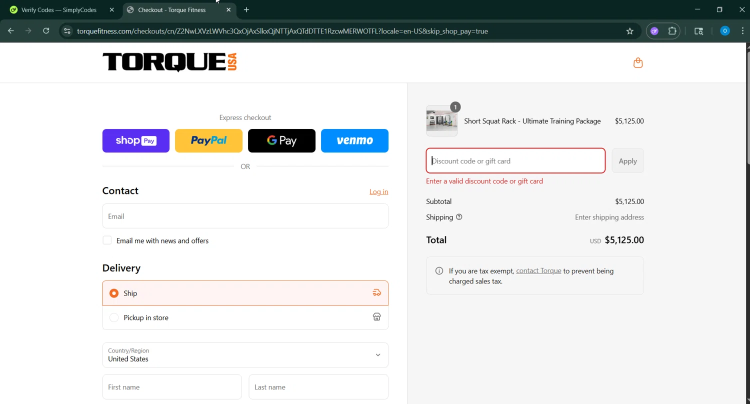 Torque Fitness discount code screenshot showing code BONNIE5 applied at Torque Fitness checkout page. Uploaded by SimplyCodes community member _____________ on Jun 18, 2025
