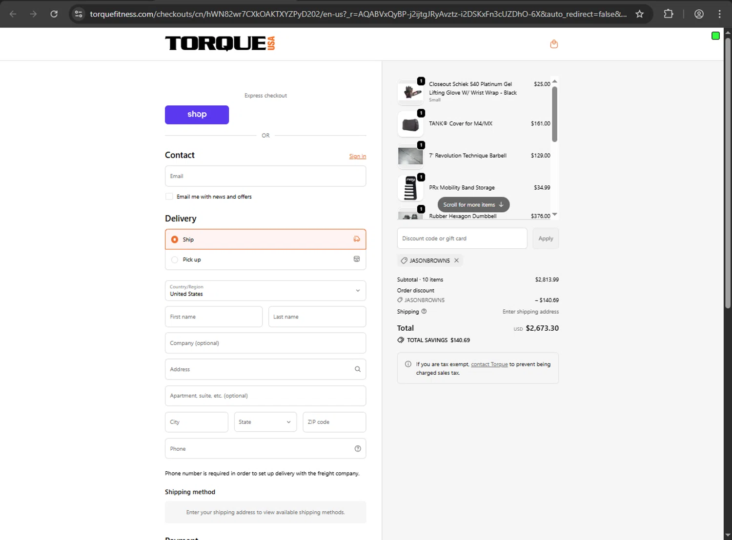Torque Fitness discount code screenshot showing code JASONBROWN5 applied at Torque Fitness checkout page. Uploaded by SimplyCodes community member kaiser2 on Jan 26, 2026