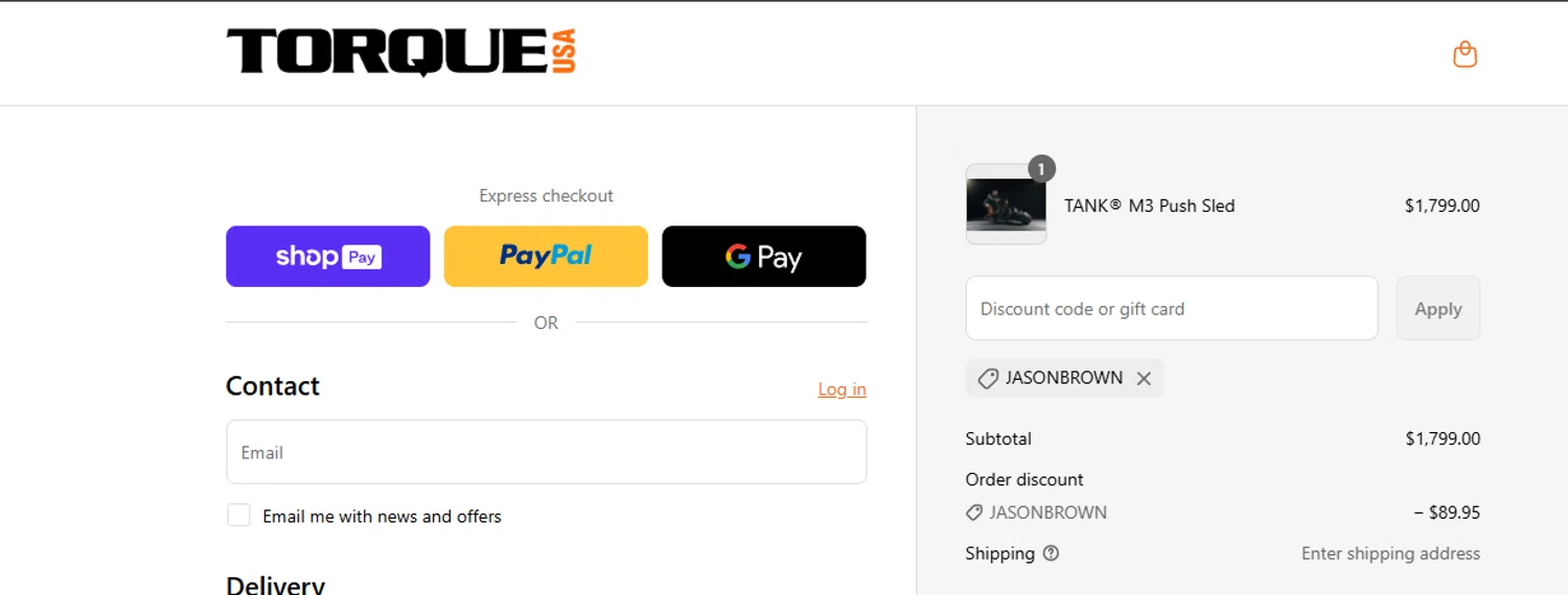 Torque Fitness discount code screenshot showing code JASONBROWN applied at Torque Fitness checkout page. Uploaded by SimplyCodes community member ashe1986 on Jul 2, 2025