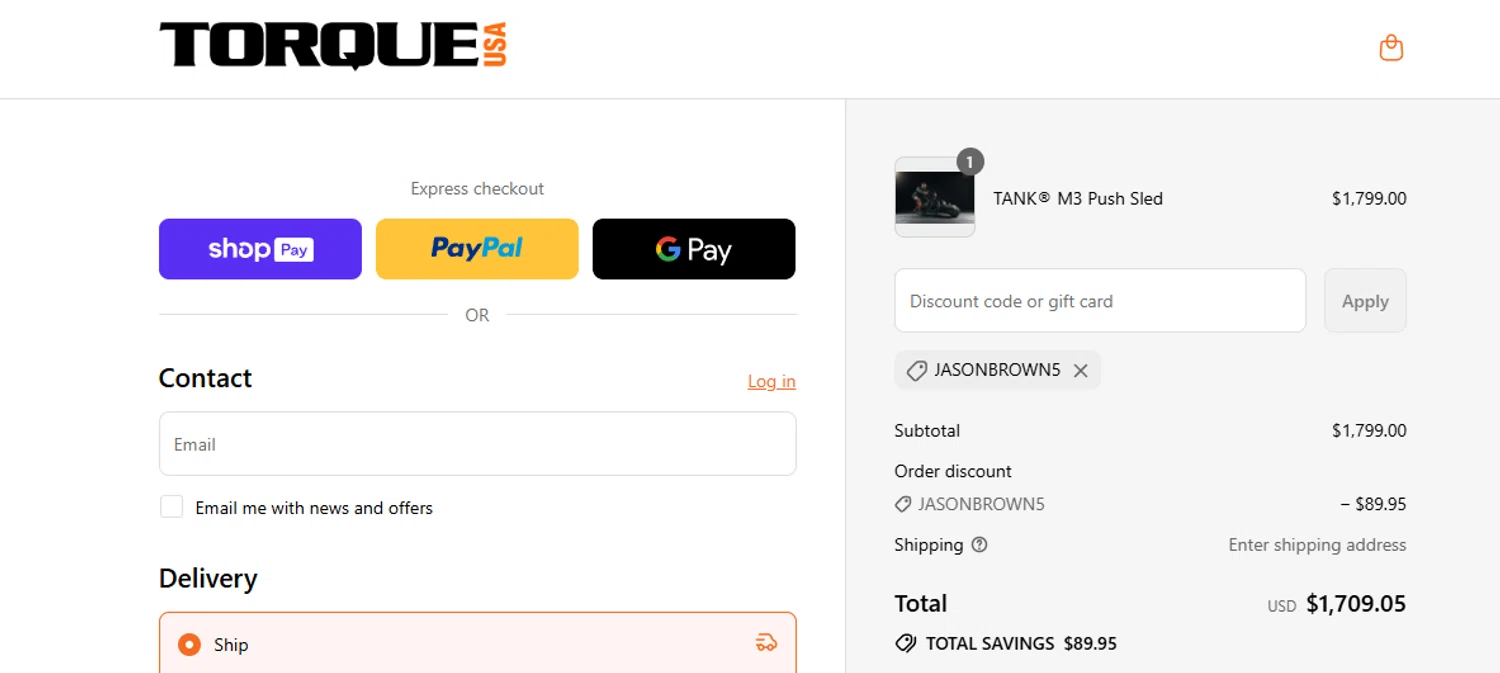 Torque Fitness discount code screenshot showing code JASONBROWN5 applied at Torque Fitness checkout page. Uploaded by SimplyCodes community member ashe1986 on Jul 2, 2025