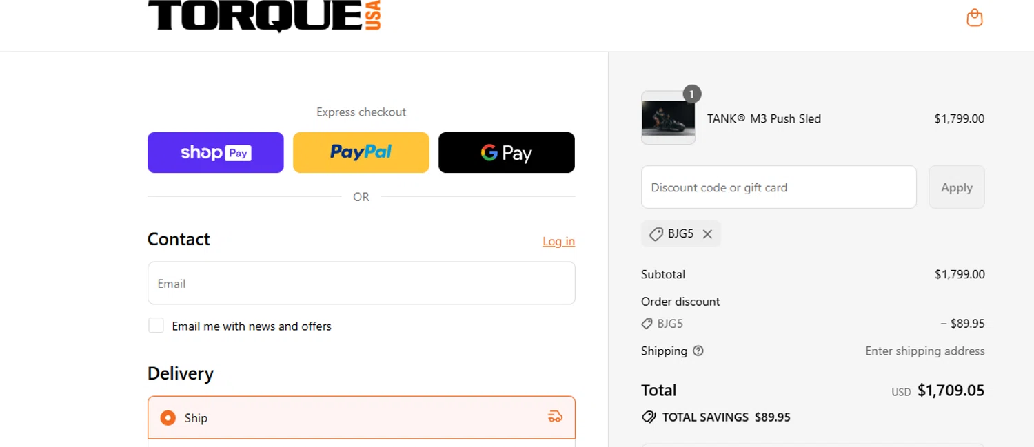 Torque Fitness discount code screenshot showing code BJG5 applied at Torque Fitness checkout page. Uploaded by SimplyCodes community member ashe1986 on Jul 2, 2025