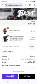 TORQUE MOTORCYCLE CO. coupon verification screenshot