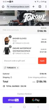 TORQUE MOTORCYCLE CO. coupon verification screenshot