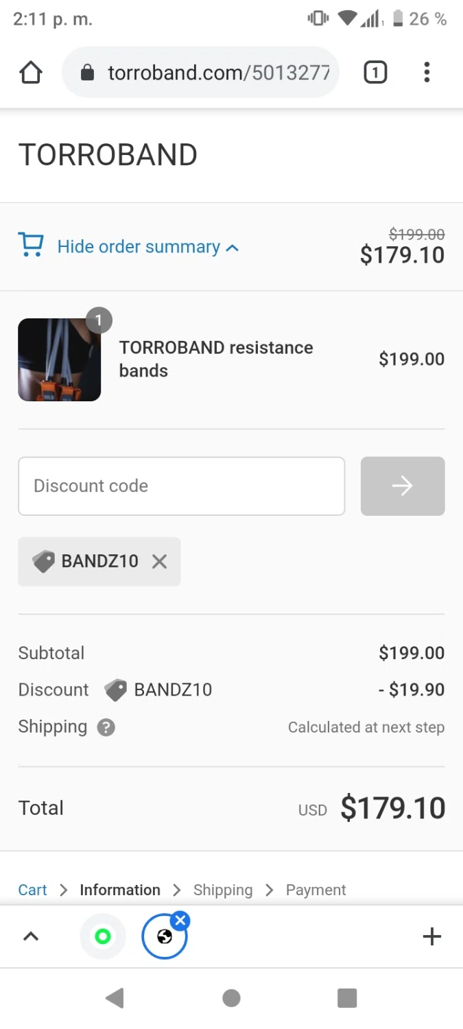 Torroband checkout page showing Torroband promo code box | Screenshot taken by SimplyCodes community member on Apr 26, 2021