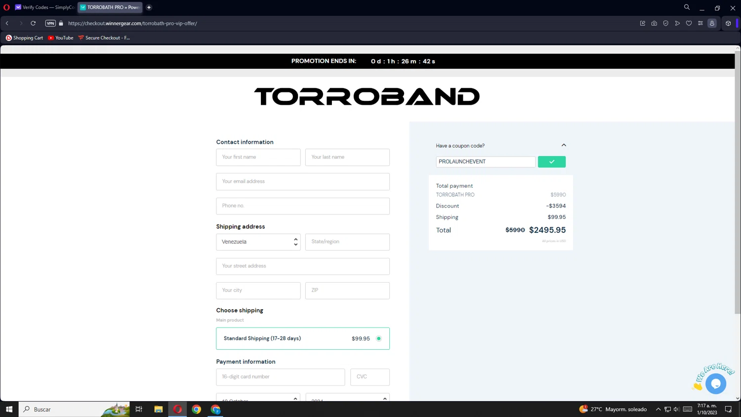 Torroband checkout page showing Torroband promo code box | Screenshot taken by SimplyCodes community member on Oct 1, 2023