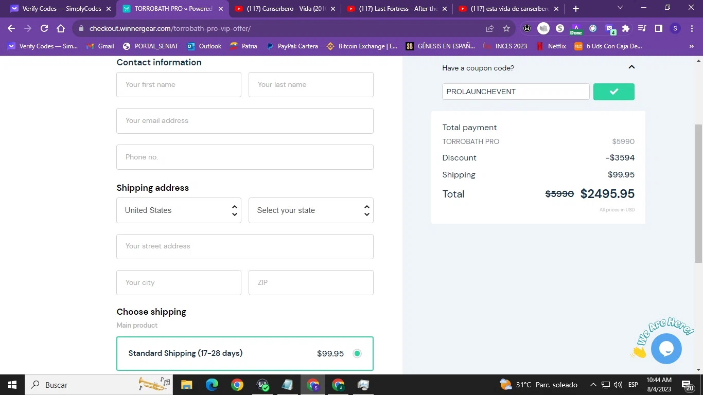 Torroband checkout page showing Torroband promo code box | Screenshot taken by SimplyCodes community member on Aug 4, 2023