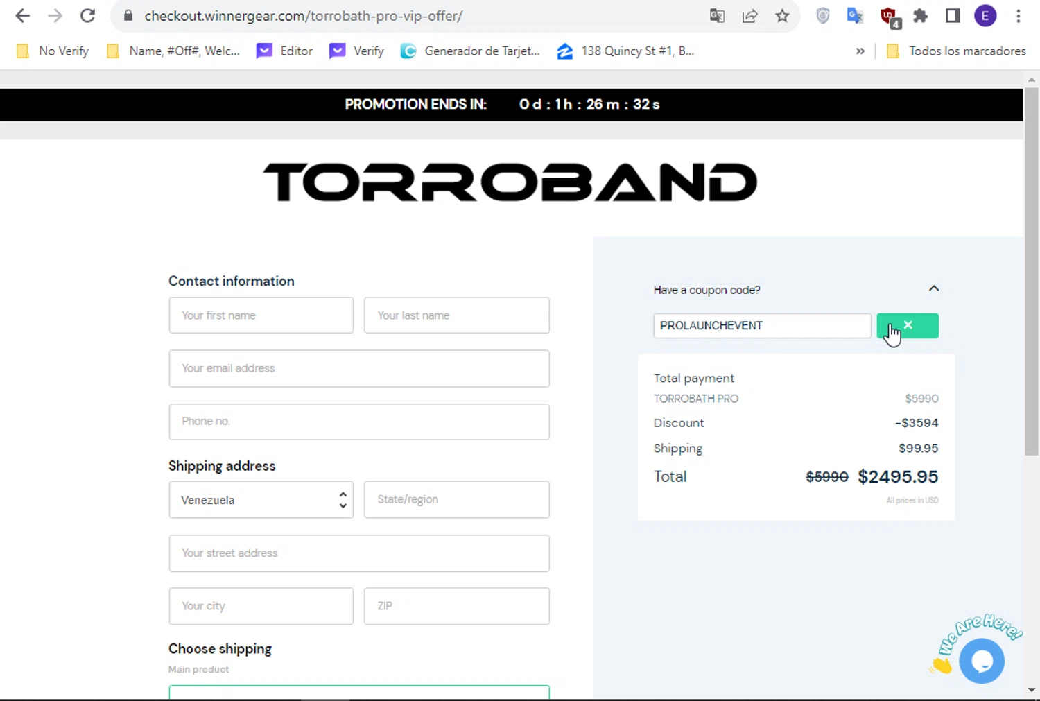 Torroband checkout page showing Torroband promo code box | Screenshot taken by SimplyCodes community member on Oct 9, 2023