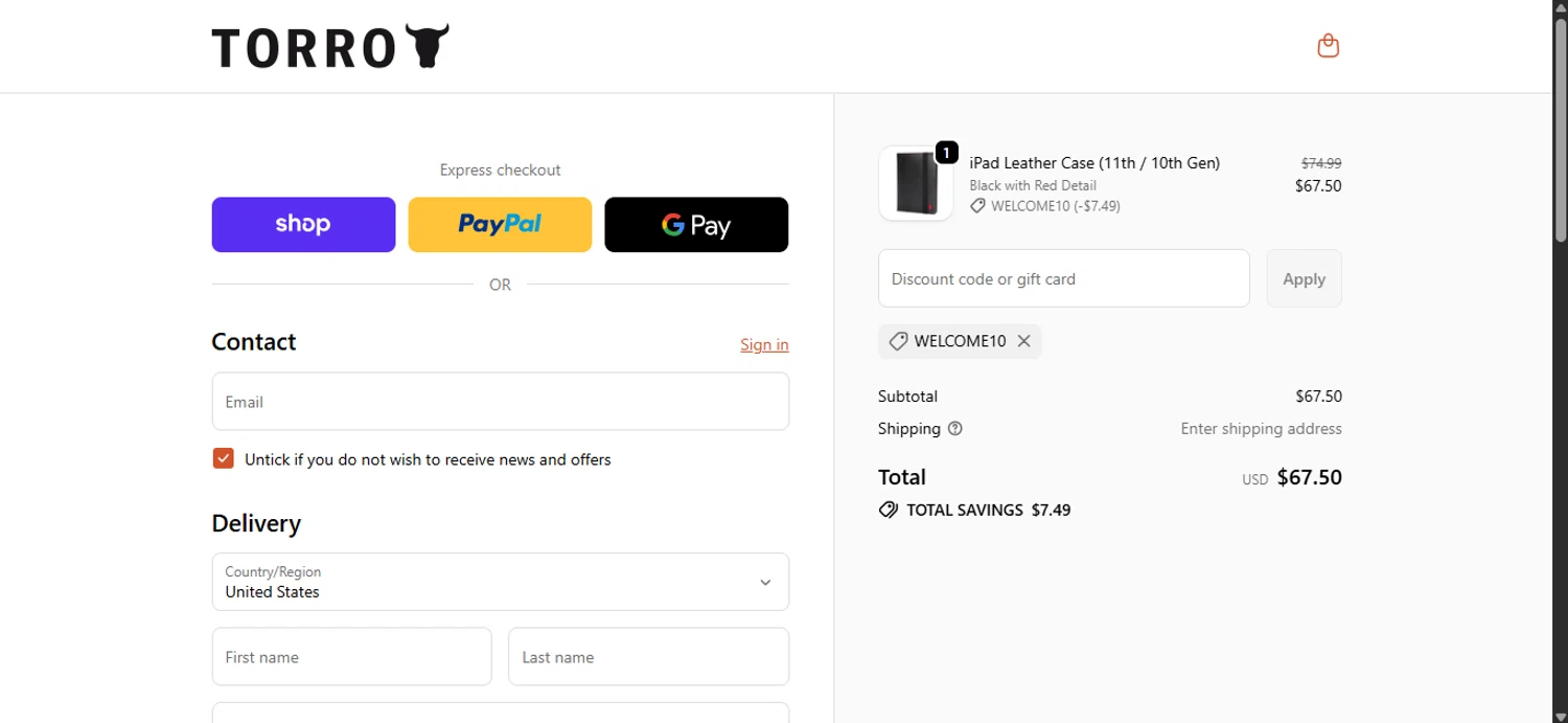 TORRO USA promo code screenshot showing code WELCOME10 applied at TORRO USA checkout page. Uploaded by SimplyCodes community member ______________ on Dec 26, 2025