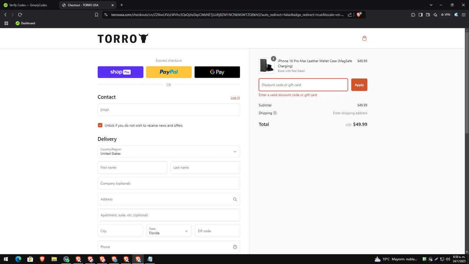 TORRO USA promo code screenshot showing code XMAS15 applied at TORRO USA checkout page. Uploaded by SimplyCodes community member PrimeExpert2544 on Jan 24, 2025