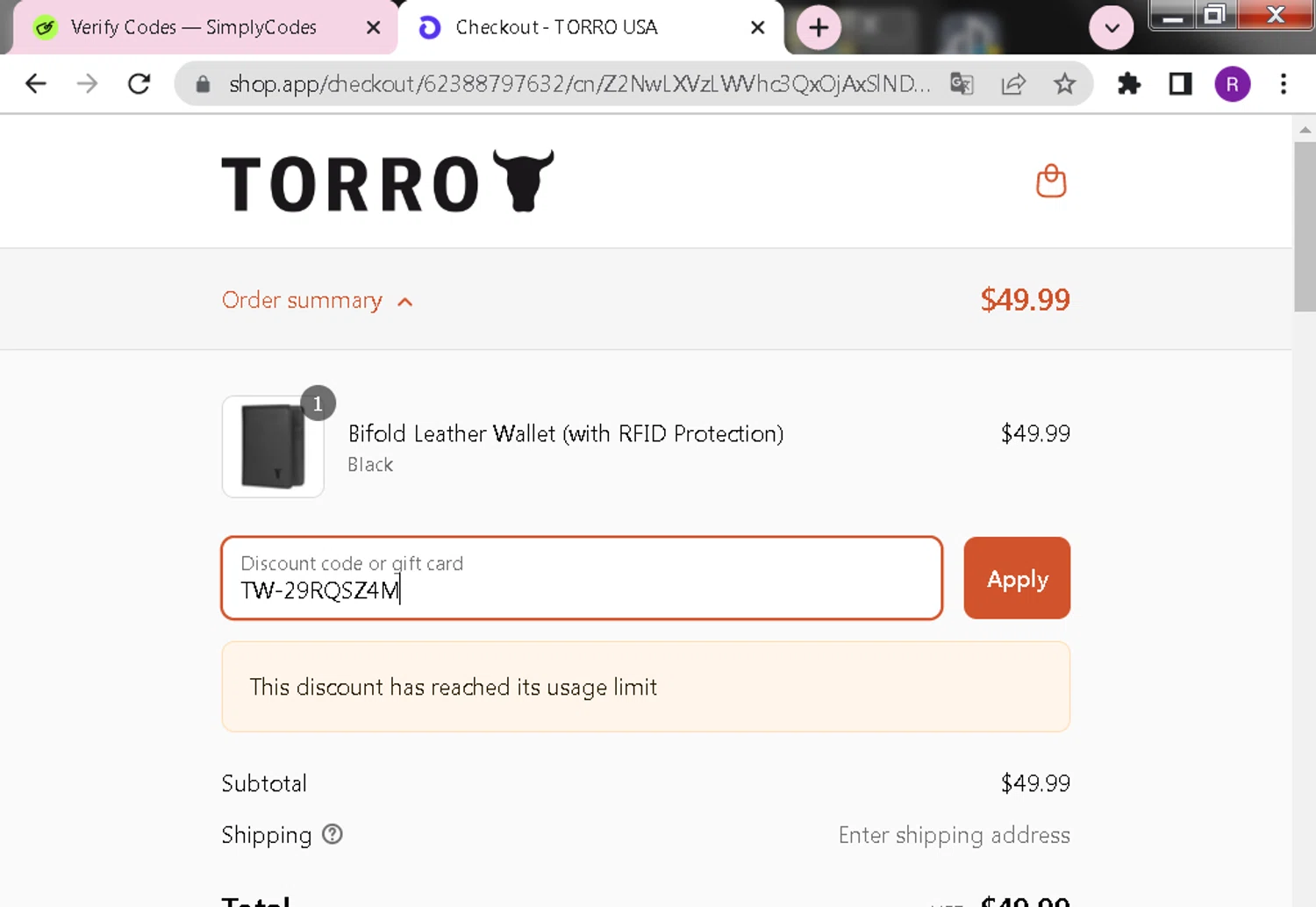 TORRO USA promo code screenshot showing code TW-29RQSZ4M applied at TORRO USA checkout page. Uploaded by SimplyCodes community member DealFox7738 on Apr 21, 2025