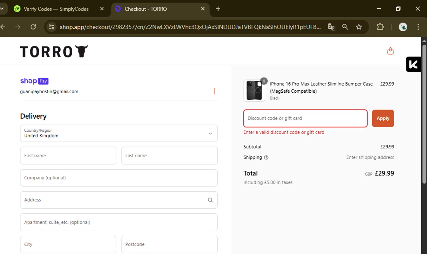 TORRO USA promo code screenshot showing code TW-29RQSZ4M applied at TORRO USA checkout page. Uploaded by SimplyCodes community member eltotiiiiiii on Apr 21, 2025