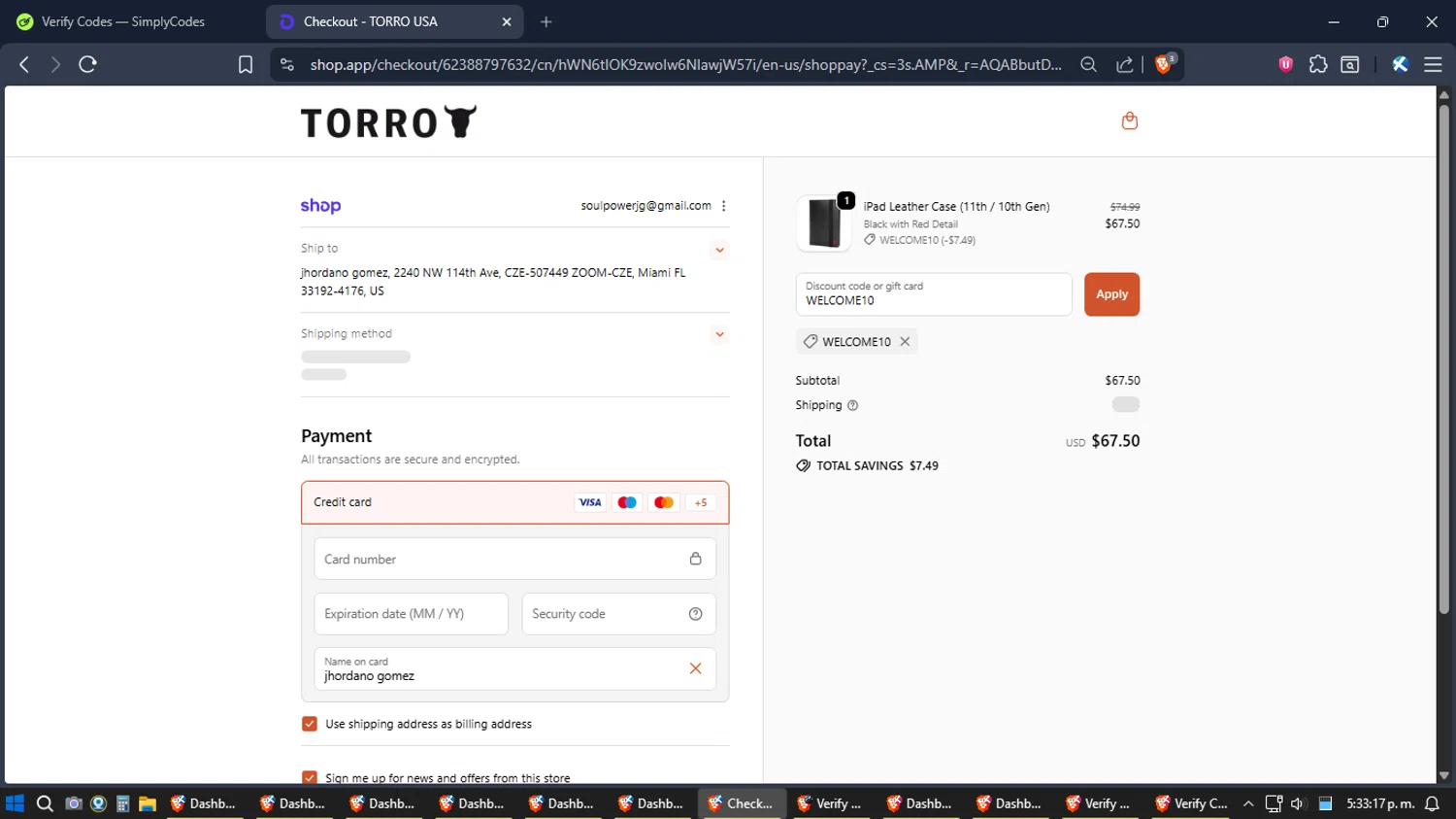 TORRO USA promo code screenshot showing code WELCOME10 applied at TORRO USA checkout page. Uploaded by SimplyCodes community member jhordano on Dec 26, 2025