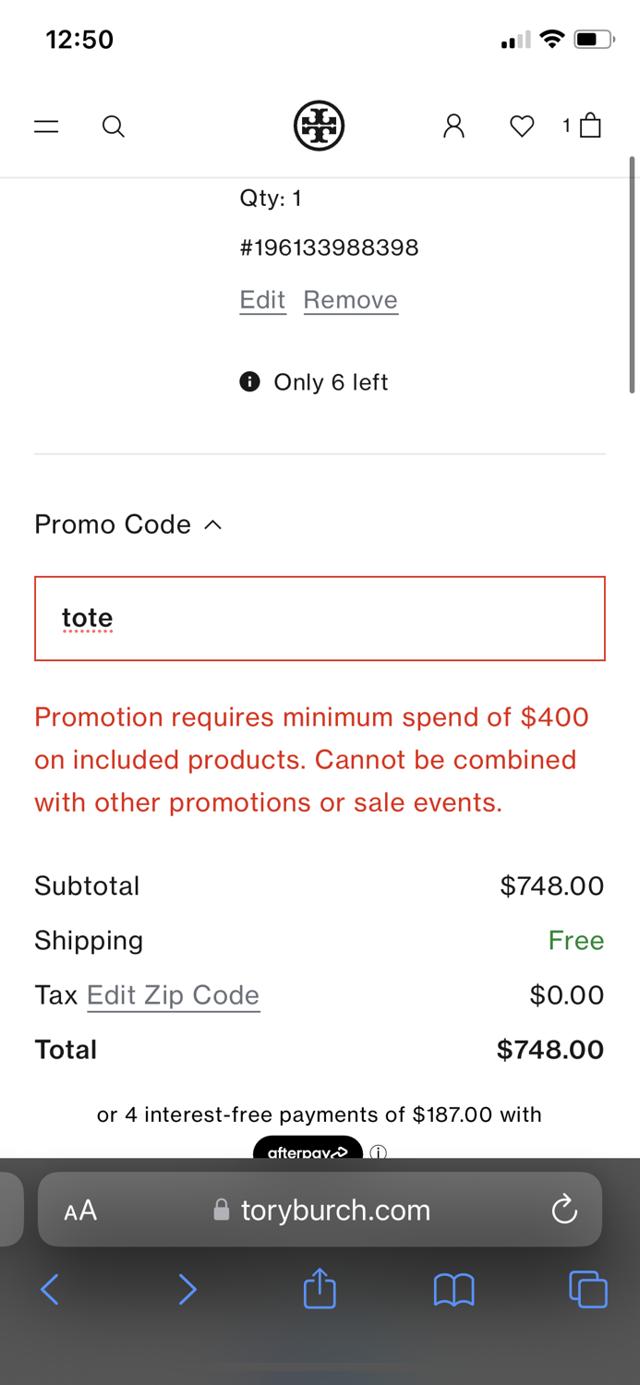 Tory Burch checkout page showing Tory Burch promo code box | Screenshot taken by SimplyCodes community member on Jan 17, 2024