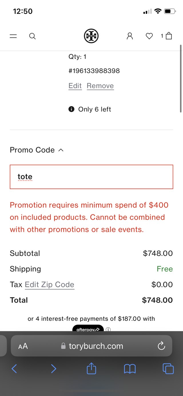 Tory Burch checkout page showing Tory Burch promo code box | Screenshot taken by SimplyCodes community member on Jan 17, 2024