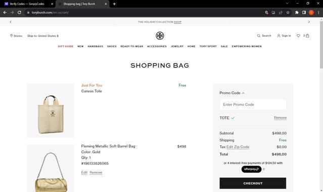 Tory Burch checkout page showing Tory Burch promo code box | Screenshot taken by SimplyCodes community member on Dec 5, 2023