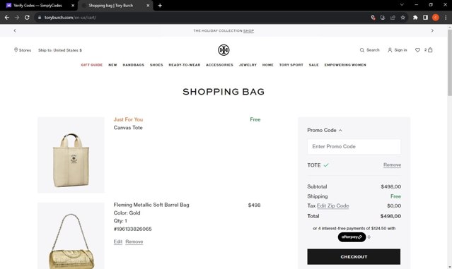 Tory Burch checkout page showing Tory Burch promo code box | Screenshot taken by SimplyCodes community member on Dec 5, 2023